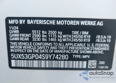 2025 BMW X3 30 xDrive z USA, uszkodzony, nr VIN 5UX53GP04S9Y74280